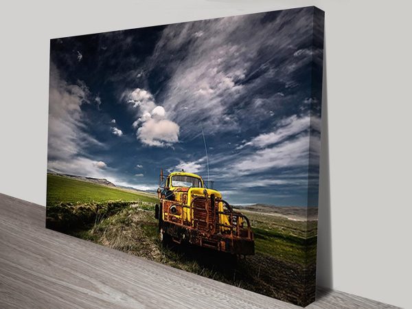 Abandoned Yellow Truck wall art print, iconic band tribute artwork
