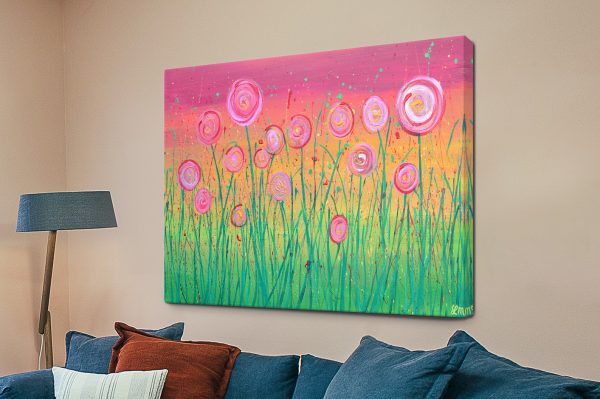 Abstract Pink Flower Field canvas, dreamy pink blooms in soft focus