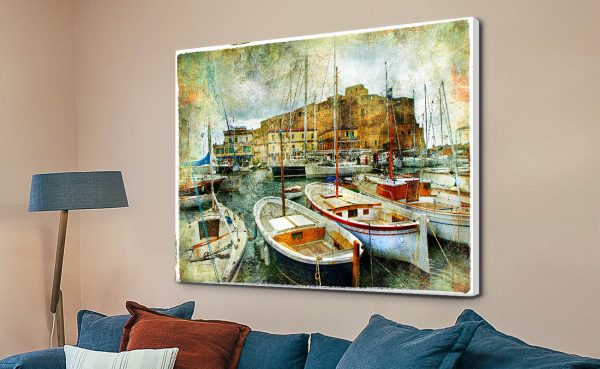 Boats in the Harbour canvas print, a relaxed coastal gift for a bedroom Boats in the Harbour canvas print, a relaxed coastal gift for a bedroom