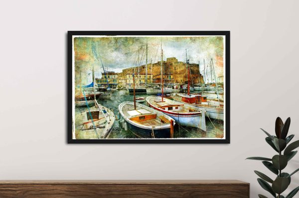 Boats in the Harbour framed print, a serene seaside gift for a beach house lounge Boats in the Harbour framed print, a serene seaside gift for a beach house lounge