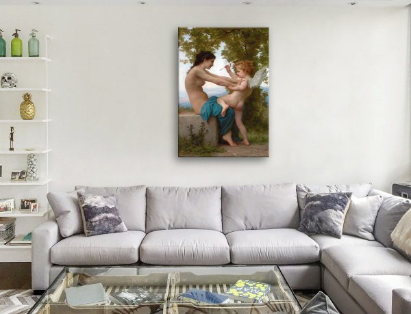 A Young Girl Defending Herself Against Eros by Bouguereau, a classic lounge gift A Young Girl Defending Herself Against Eros by Bouguereau, a classic lounge gift
