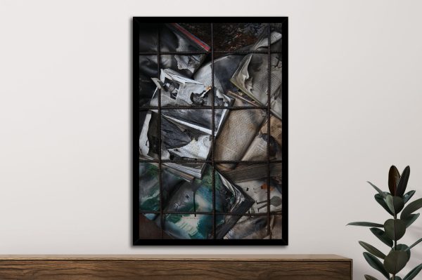 Burning Books framed art, fiery pages against a smouldering dark ground