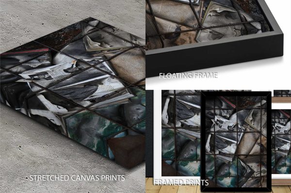 Burning Books art wall decor, dramatic scene of books alight in warm glow
