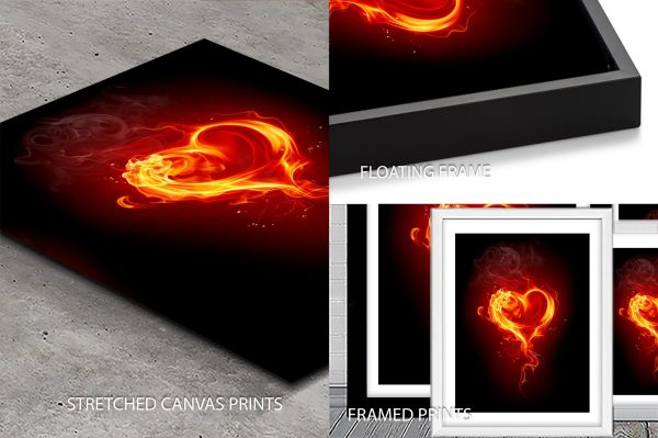 Burning Heart abstract art, fiery reds and oranges radiating from a glowing central core