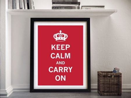Framed red Keep Calm and Carry On poster, a bold gift for a study feature wall Framed red Keep Calm and Carry On poster, a bold gift for a study feature wall