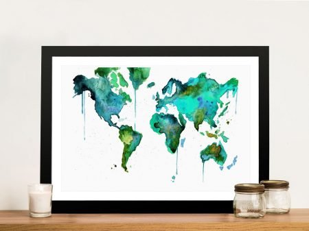 Green watercolour world map framed print, the continents in soft flowing green washes