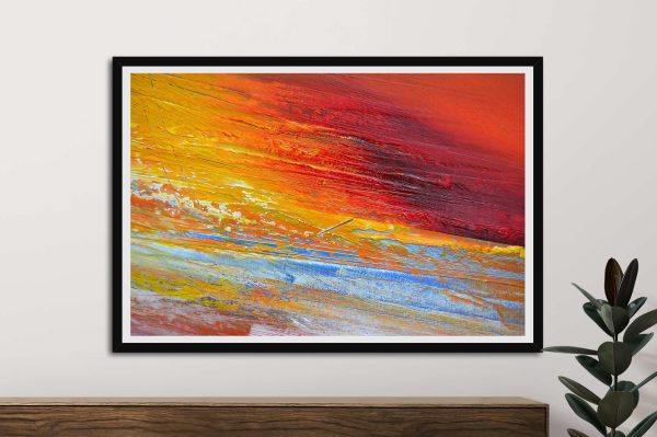 Angry Sunset art, blazing sunset sky in intense reds and oranges over a dark horizon