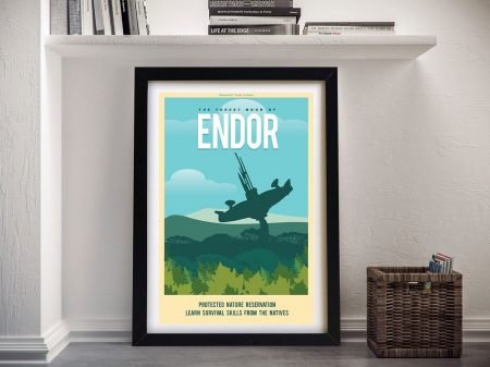 Endor Star Wars travel poster framed art with retro forest moon design Endor Star Wars travel poster framed art with retro forest moon design