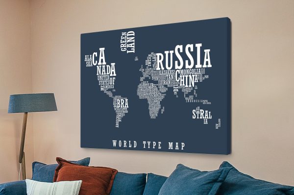 World Type map canvas, a modern typographic travel gift for a lounge or hallway wall World Type map canvas, a modern typographic travel gift for a lounge or hallway wall
