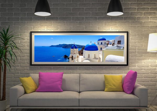 Santorini blue domes panorama, a serene travel gift for a lounge feature wall Santorini blue domes panorama, a serene travel gift for a lounge feature wall