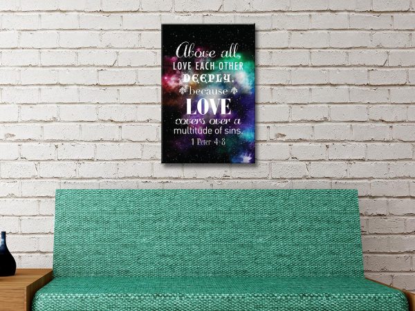 1 Peter 4 8 biblical quote canvas, love covers all in a gentle typographic design 1 Peter 4 8 biblical quote canvas, love covers all in a gentle typographic design