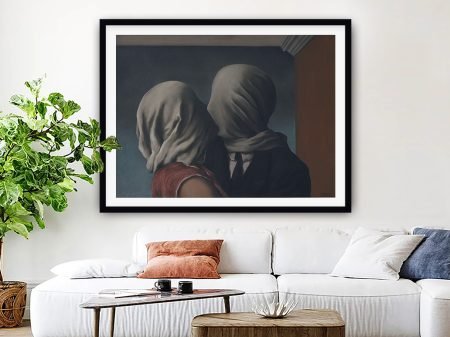 The Lovers by Rene Magritte, two figures kissing with cloth-shrouded faces in soft warm tones The Lovers by Rene Magritte, two figures kissing with cloth-shrouded faces in soft warm tones