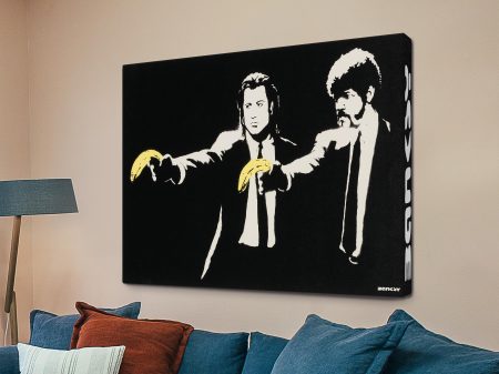 Banksy Pulp Fiction rendered as fine-art canvas, stencilled street-art motif in stark monochrome, for living-room display Banksy Pulp Fiction rendered as fine-art canvas, stencilled street-art motif in stark monochrome, for living-room display