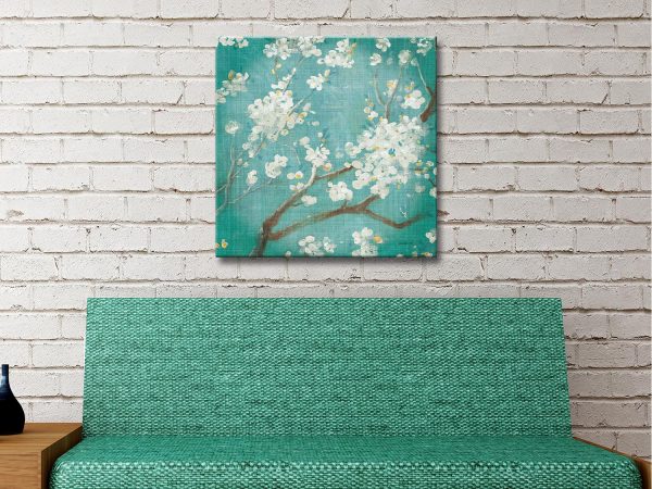 White Cherry Blossoms on Blue canvas, a serene botanical gift for a bedroom White Cherry Blossoms on Blue canvas, a serene botanical gift for a bedroom