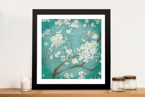 White Cherry Blossoms on Blue framed art, a serene botanical gift for a lounge White Cherry Blossoms on Blue framed art, a serene botanical gift for a lounge