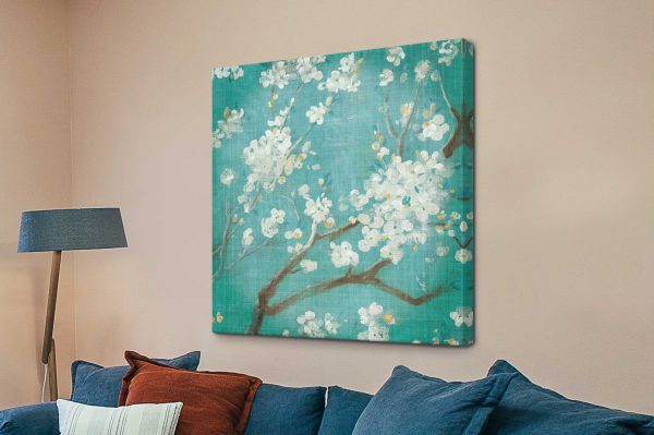 White cherry blossoms on blue canvas, blossoming sprays on a rich blue base White cherry blossoms on blue canvas, blossoming sprays on a rich blue base
