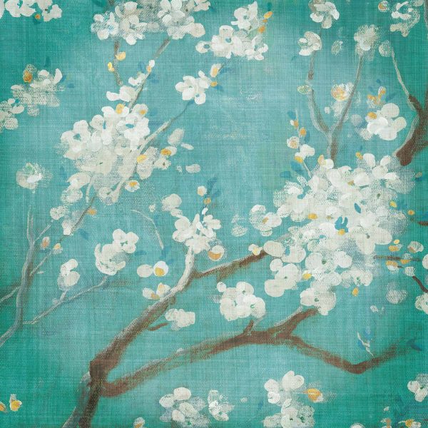 White cherry blossoms on blue print, delicate petals in calm blue contrast White cherry blossoms on blue print, delicate petals in calm blue contrast