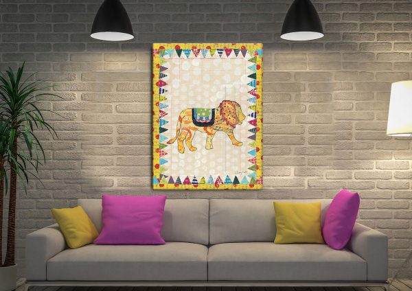 Circus Fun lion collage canvas, colourful playful animal art Circus Fun lion collage canvas, colourful playful animal art