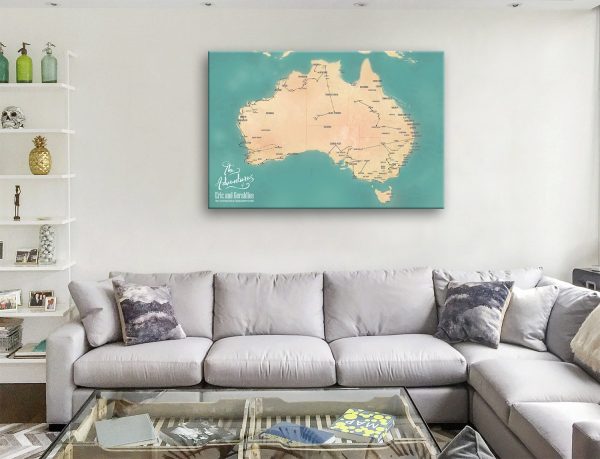 Custom teal Australia map art, a personal travel gift for a lounge