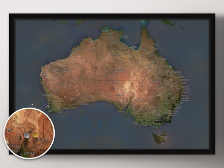 Charcoal Australia push pin map framed art, a travel gift for a lounge or hallway wall Charcoal Australia push pin map framed art, a travel gift for a lounge or hallway wall