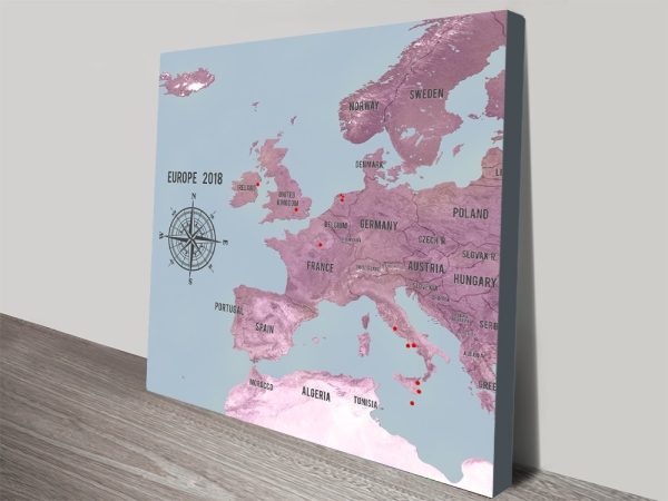 Western Europe push pin map, a vivid pink-toned European map to mark travels