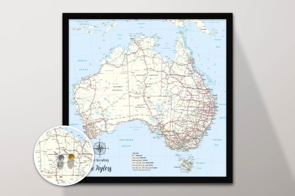 Light blue Australia map framed art, a soft map gift for a lounge or office wall