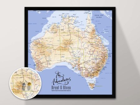Mid blue Australia map canvas, a calm map gift for a study or hallway wall Mid blue Australia map canvas, a calm map gift for a study or hallway wall