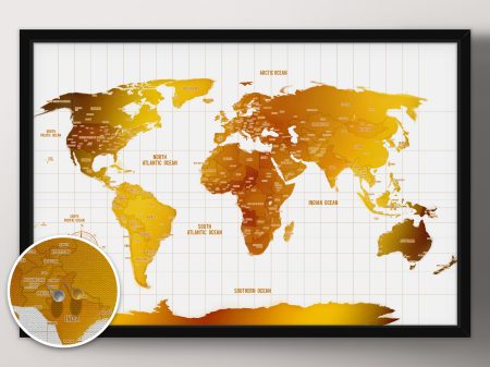 White and gold push pin travel map framed print, a keepsake gift for travellers