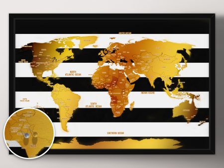 White stripes and gold push pin map canvas, a smart travel gift for a hallway