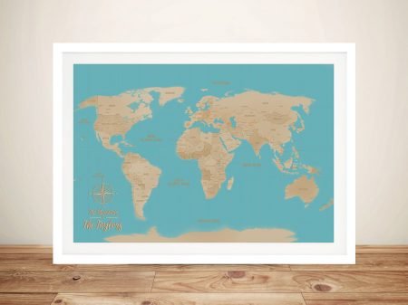 Turquoise sands travel map canvas, a soft-toned travel gift for a study Turquoise sands travel map canvas, a soft-toned travel gift for a study