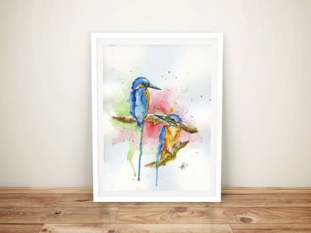 Watercolour kingfishers framed art, a vivid bird-lover gift for a lounge Watercolour kingfishers framed art, a vivid bird-lover gift for a lounge