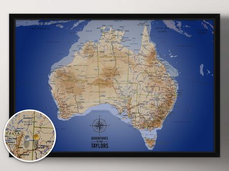 Australia push pin map in sea blue framed art, a travel gift for a study wall Australia push pin map in sea blue framed art, a travel gift for a study wall