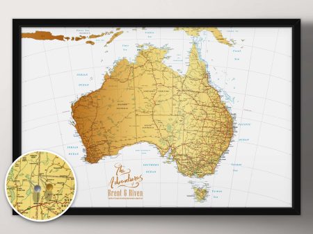 Australia push pin map in white and gold, a travel keepsake for an office Australia push pin map in white and gold, a travel keepsake for an office