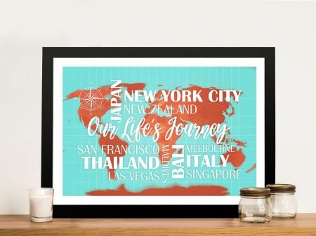Blue and orange push pin word map framed canvas, a bold travel gift for a study Blue and orange push pin word map framed canvas, a bold travel gift for a study