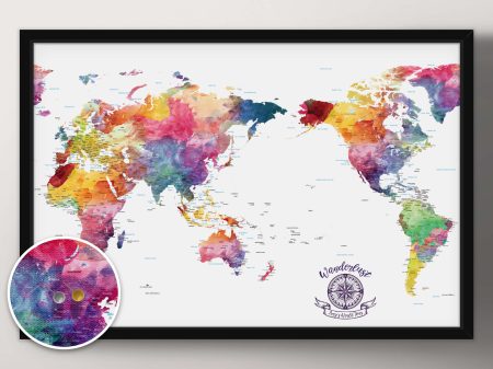 Australia-centred watercolour pushpin map, a travel-lover gift for a study Australia-centred watercolour pushpin map, a travel-lover gift for a study