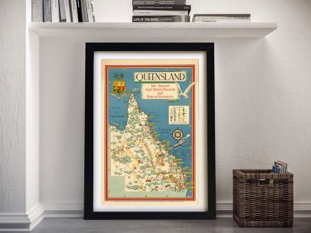 Vintage Queensland map framed print, a heritage gift for a library or office