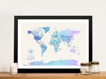 Blue-tone political world map print, a serene gift for a coastal-style lounge