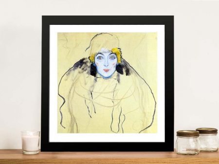 Framed Woman's Head print by Klimt in delicate portrait colour