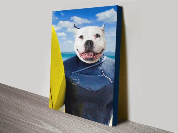 Surf dog pet portrait canvas print, a breezy custom gift for a dog lover Surf dog pet portrait canvas print, a breezy custom gift for a dog lover