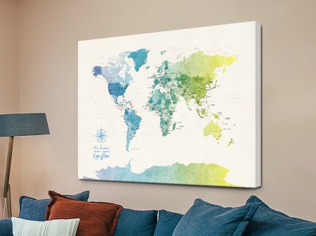Political world map in watercolour canvas, a soft travel gift for a study