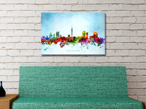 From the modern art collection Auckland Skyline Watercolour Art wall art print showing city typographic print