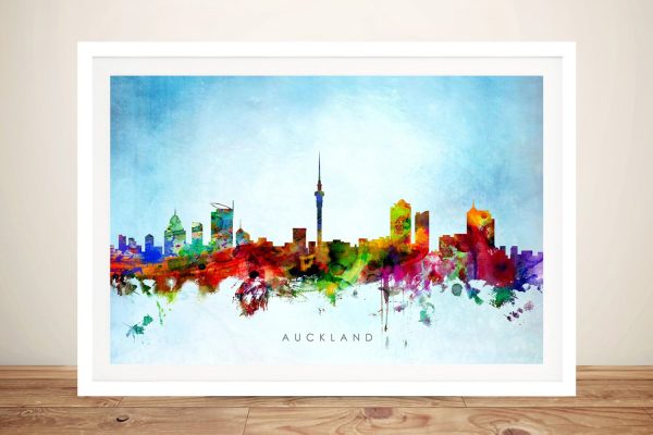 From the modern art collection Auckland Skyline Watercolour Art canvas print showing city typographic print