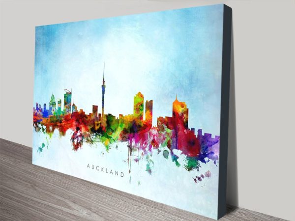 Layered composition of Auckland Skyline Watercolour Art, rendered as framed print in clean contemporary tones