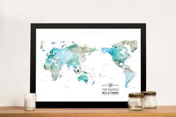 Watercolour Australia-centred push pin map, a soft travel gift for a study Watercolour Australia-centred push pin map, a soft travel gift for a study