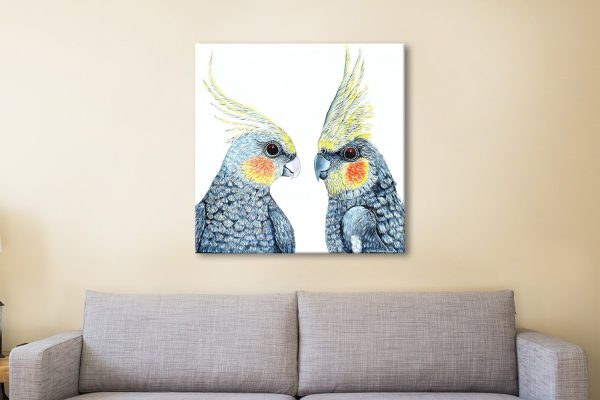 Cheeky Cockatiels canvas, lively Australian parrots in warm colourful tones