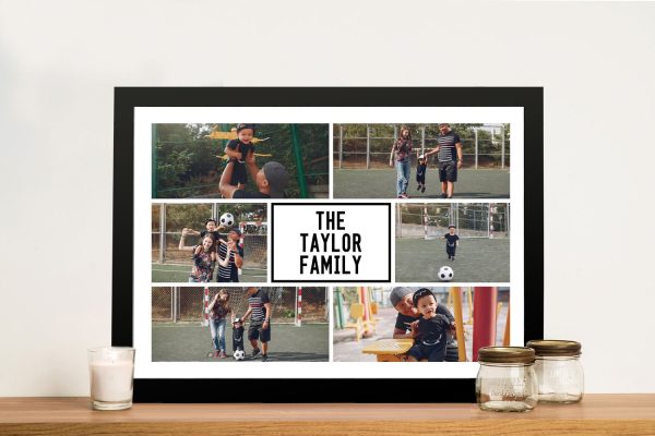 Framed photo collage canvas, favourite snaps in a balanced layout, a heartfelt gift for a hallway