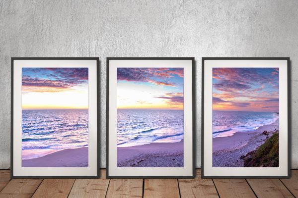 Jindalee Sunset three panel framed art, a golden coastal dusk across three pieces Jindalee Sunset three panel framed art, a golden coastal dusk across three pieces