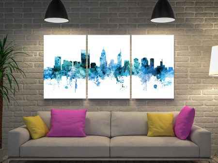 From the multi-panel canvas collection, Perth Skyline Blue Watercolour Triptych canvas print showing modern city typographic print From the multi-panel canvas collection, Perth Skyline Blue Watercolour Triptych canvas print showing modern city typographic print