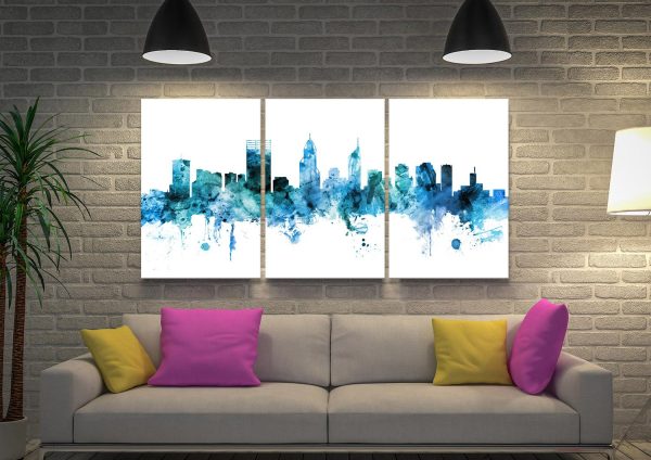 From the multi-panel canvas collection, Perth Skyline Blue Watercolour Triptych canvas print showing modern city typographic print From the multi-panel canvas collection, Perth Skyline Blue Watercolour Triptych canvas print showing modern city typographic print