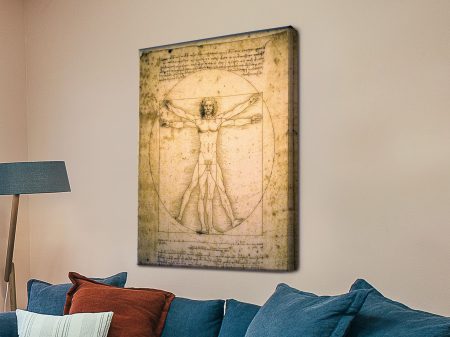 Vitruvian Man canvas print, Leonardo da Vinci ideal human proportions in fine sepia line Vitruvian Man canvas print, Leonardo da Vinci ideal human proportions in fine sepia line